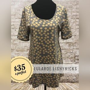 Heather gray Lularoe Perfect T with yellow polka dots
